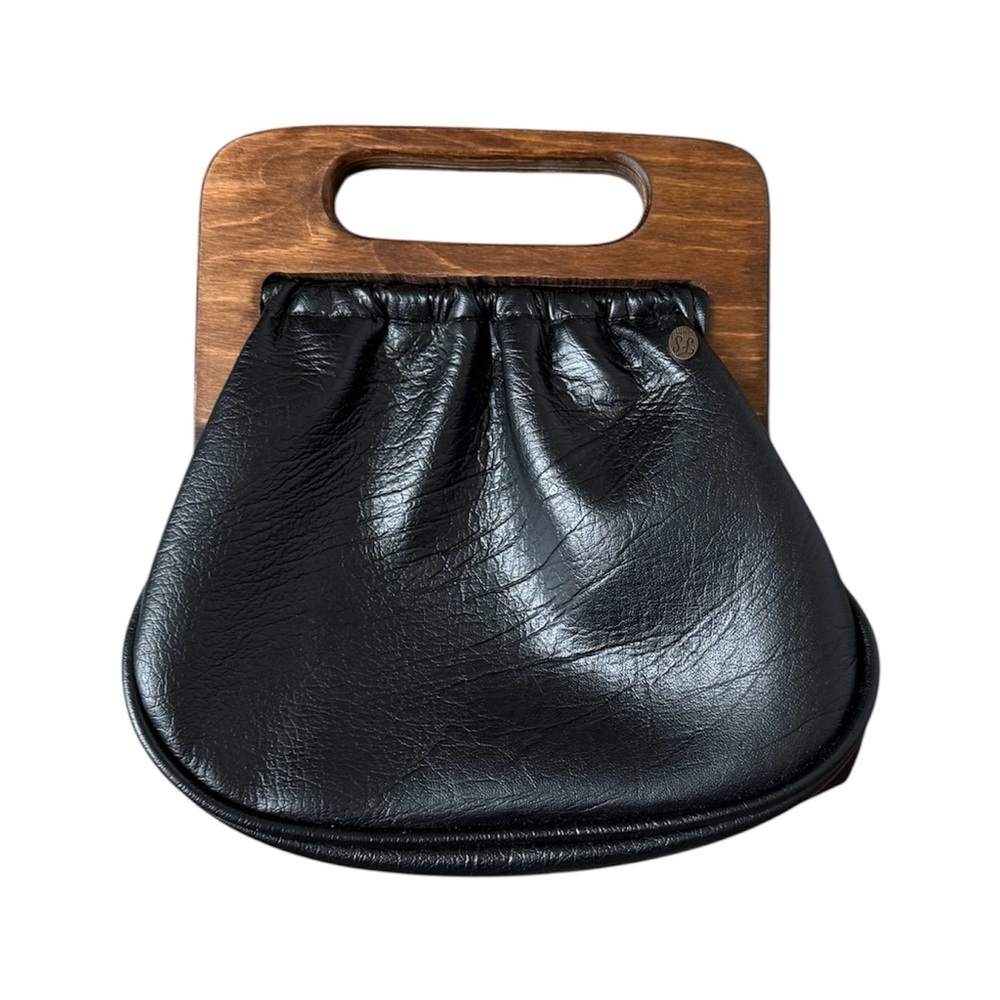 Vintage 70s Cottage Boho Hippie Faux Leather Wooden Handle
Small Bag